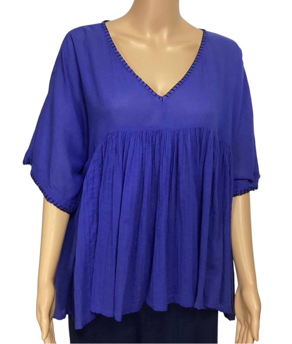Sundance Catalog "Beauty Breeze" Royal Blue Babydoll Peasant Top - Size Medium